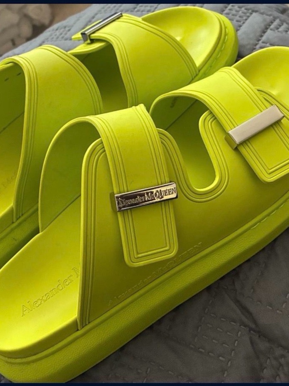 Alexander McQueen Neon Lime Dual-Strap Slide Sandals